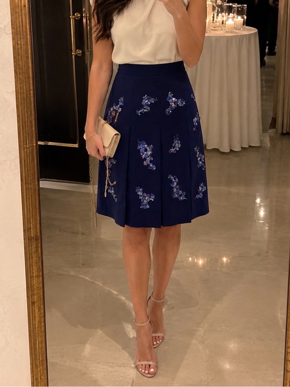 Miris Navy Floral A-Line Skirt with Embroidered Blooms - Women
